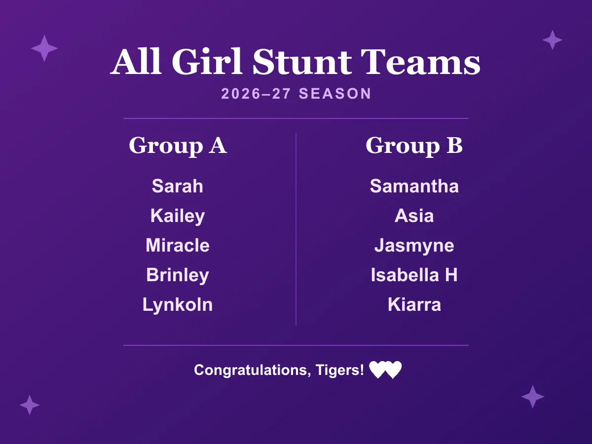 Purple graphic listing the 2026–27 All Girl Stunt Team rosters — Group A and Group B